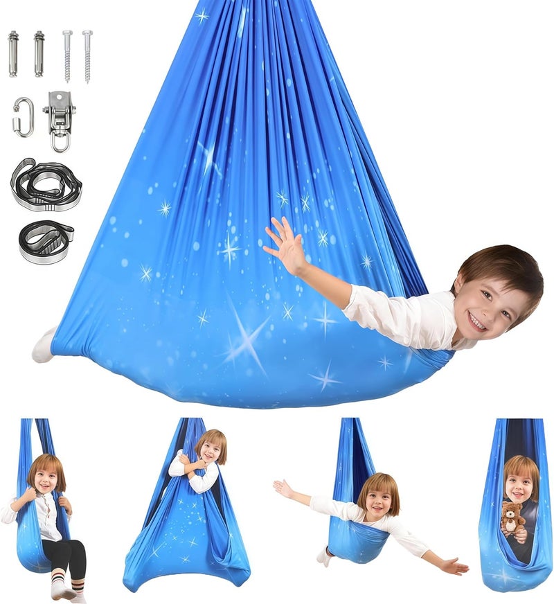 SUCHDECO Sensory Swing, Indoor & Outdoor Sensory Swing for Kids & Adults, Double Layer Therapy Cuddle Swing for Kid with Autism, Holds up to 300lbs, Star-Blue - Image 1